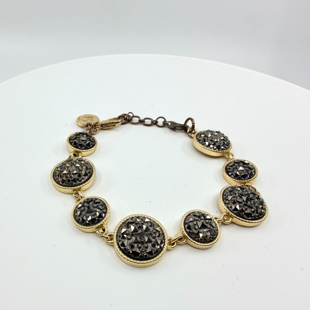 VTG Liz Claiborne Y2K Hematite Druzy Gold Tone Link Bracelet with Extender